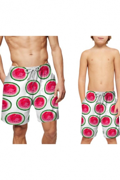 Summer Trendy Tropical Fruit Print Drawstring Waist Parent-Child Casual Beach Swim Trunks