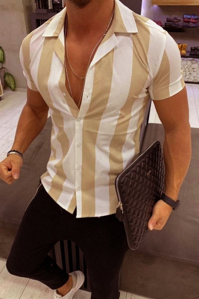 Men Short Sleeve Slim Fit Vertical Striped Button Down Shirts 