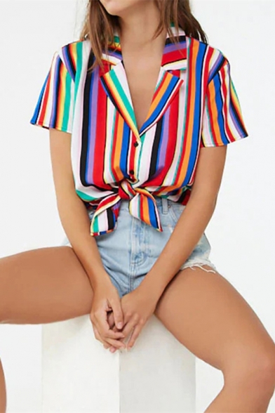 Summer Unique Colorful Stripe Printed Lapel Collar Short Sleeve Tied Hem Casual Hawaiian Camp Shirt
