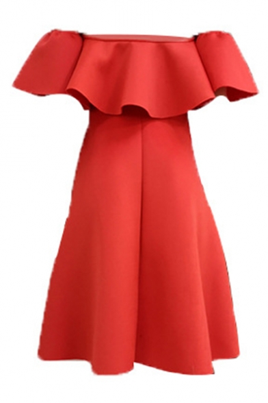 Summer Unique Off The Shoulder Short Sleeve Plain Ruffle Hem Mini A-Line Dress For Women