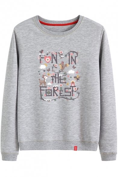 THE FOREST Cartoon Deer Floral Heart Printed Cotton Round Neck Long Sleeve Sweatshirt