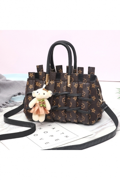 Trendy Printed Bear Pendant Braided Satchel Tote Handbag for Women 29*15*27 CM