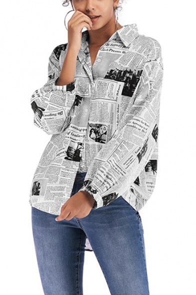 Vintage Newspaper Pattern Long Sleeve Casual Loose Button Down Shirt