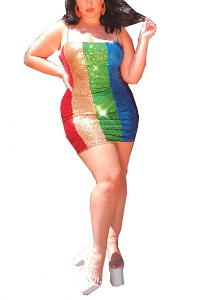 Women's Colorblock Stripe Spaghetti Straps Sleeveless Oversized Embellished Mini Slip Bodycon Dress
