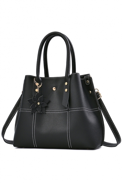 Women's Elegant Plain Floral Embellishment Large Capacity PU Leather Shoulder Bag Satchel Handbag