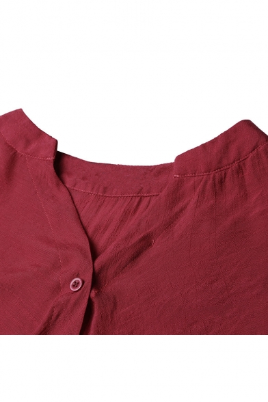 Women's Fashion Simple Plain V-Neck Long Sleeve Button Down Twist Hem Asymmetrical Shirt Blouse