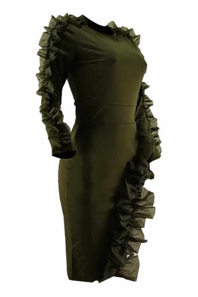 Women's Green Lace Ruffle Long Sleeve Round Neck Split Side Bodycon Pencil Dress