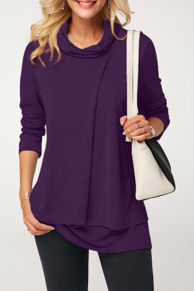 Women's Layered Cowl Neck Long Sleeve Fake Two Pieces Plain T Shirt