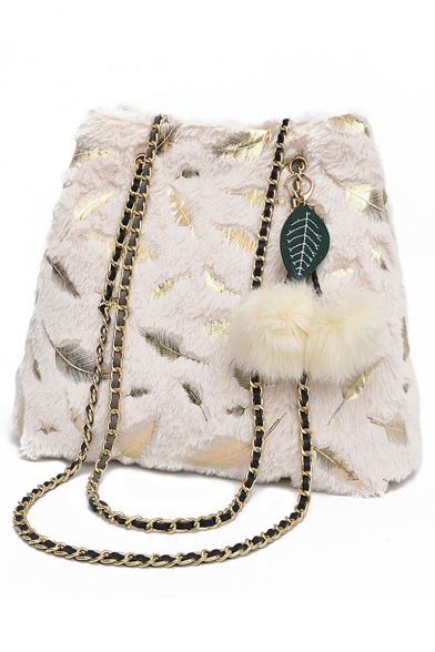 Women's New Fashion Feather Pattern Plush Ball Embellishment Shoulder Tote Bag 29*16*29 CM