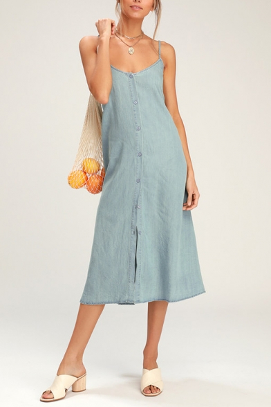 Women's Style Bow Backless Spaghetti Strap Sleeveless Plain Button-Front Midi Cami Denim Dress