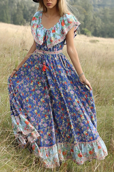 Women's Summer Fashion Scoop Neck Short Sleeve Floral Printed Maxi Boho Beach Dress