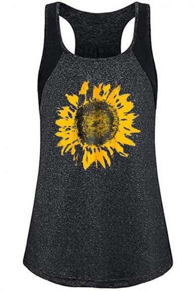 Women's Summer Stylish Lovely Sunflower Printed Round Neck Colorblock Sleeveless Casual Tank
