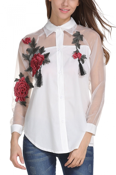 Womens Chic Floral Embroidery Sheer Organza Panel Long Sleeve Button Down Shirt