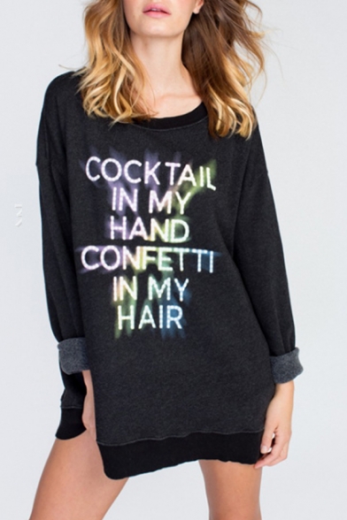 Womens Cool Letter COCKTAIL IN MY HAND Printed Basic Round Neck Long Sleeve Black Longline Sweatshirt
