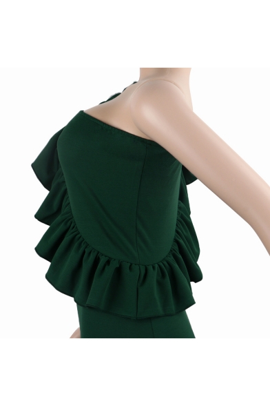 Womens Hot Trendy Green Solid Color One Shoulder Chic Ruffled Hem Midi Nightclub Dress