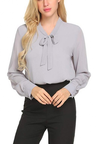 Womens New Stylish Simple Plain Bow-Tied V-Neck Long Sleeve Casual Chiffon Blouse Top