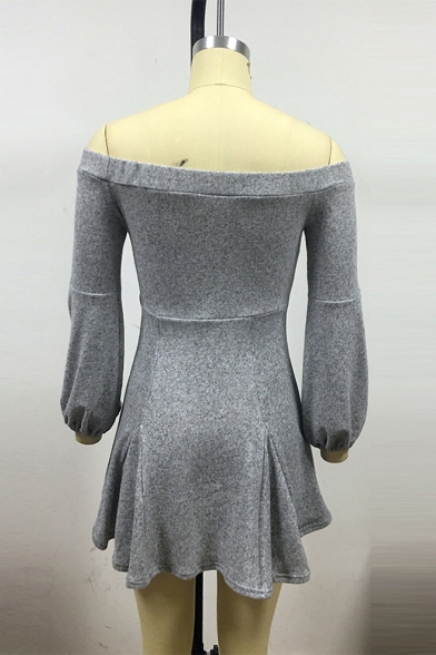 Womens New Stylish Solid Color Off the Shoulder Lantern Long Sleeve Mini A-Line Dress