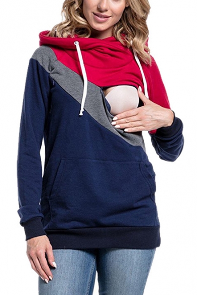 Womens New Trendy Solid Color Fashion Color Block Maternity Nursing Hoodie