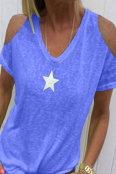 Womens Summer Simple Star Printed V-Neck Cold Shoulder Short Sleeve Loose T-Shirt
