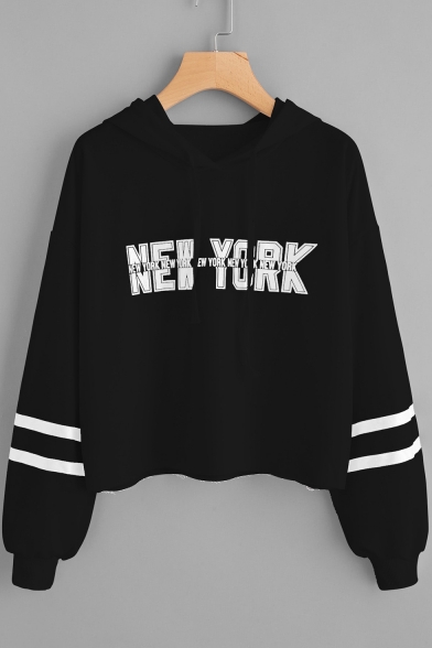 Basic Simple Letter NEW YORK Striped Long Sleeve Cropped Casual Hoodie