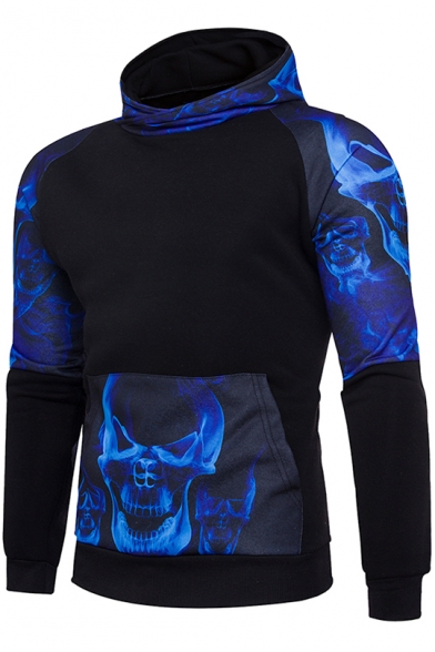 Black and Blue Colorblock Skull Printed Patched Long Sleeve Pocket Slim Fit Hoodie