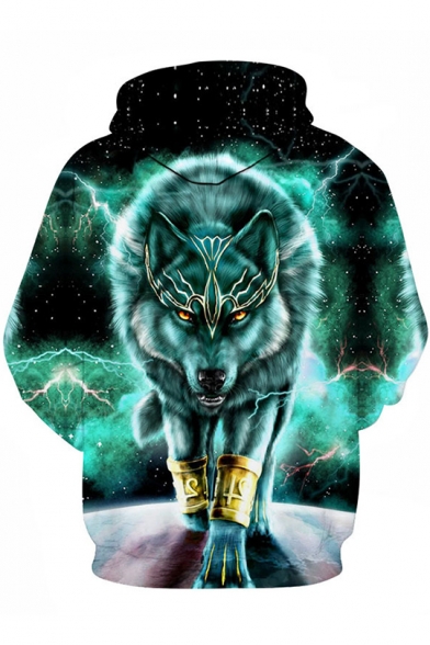 Black and Green 3D Galaxy lightning Wolf Print Long Sleeve Regular Fitted Hoodie with Drawstring