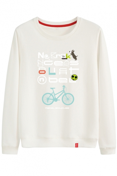Cartoon Dog Bicycle Smile Face Printed Letter Round Neck Long Sleeve Sweatshirt
