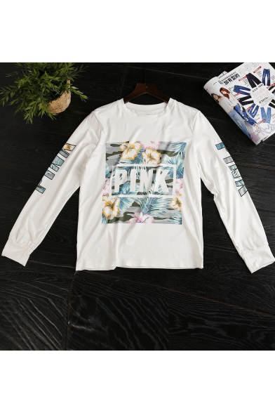 Chic Floral Letter PINK Printed Basic Round Neck Long Sleeve White Casual T-Shirt