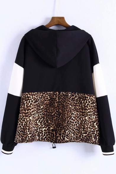 Chic Leopard Patched Colorblock Long Sleeve Half-Zip Front Casual Loose Hoodie