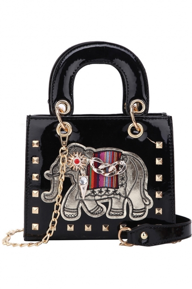 Chic Unique Elephant Pattern Rivet Chain Rhinestone Embellishment Satchel Crossbody Bag 18*7*14.5 CM