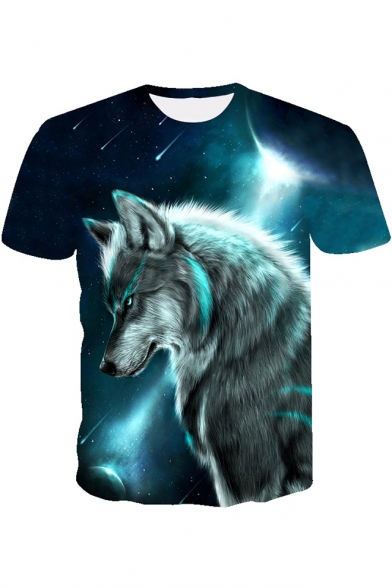 Cool 3D Galaxy Wolf Printed Round Neck Short Sleeve Blue T-Shirt