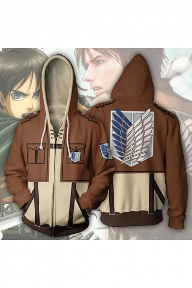 Cool Logo 3D Comic Cosplay Zipper Front Long Sleeve Khaki Hoodie with Two Pockets