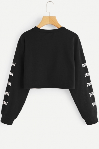 Cool Simple Letter DOUBLE Print Basic Round Neck Long Sleeve Crop Sweatshirt