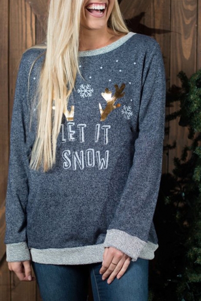 Cool Simple Letter LET IT SNOW Print Round Neck Long Sleeve Loose Casual Blue Sweatshirt
