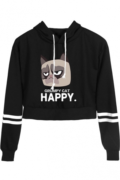 

Cute Cartoon Grumpy Cat Letter HAPPY Striped Long Sleeve Cropped Hoodie, Black;pink;white;yellow;navy, LM529779