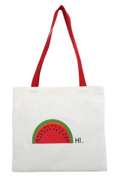 Cute Cartoon Watermelon Letter Printed White Canvas Shoulder Bag 32*31.5 CM