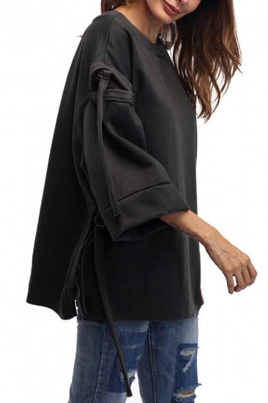 Dark Grey Solid Color Round Neck Hollow Out Tied Bell Sleeve Casual Loose Sweatshirt