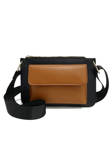 Designer Color Block PU Leather Flat Pocket Front Crossbody Shoulder Bag 23*3*15 CM