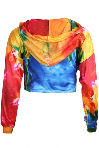 Fancy Colorful Tie Dye Painting Long Sleeve Cropped Drawstring Hoodie for Women