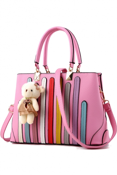 Fashion Colorblock Leather Patched Bear Embellishment Work Satchel Handbag 31*12*21 CM