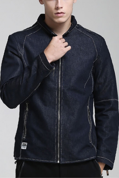 Fashion Contrast Piping Stand Collar Long Sleeve Zip Up Fitted Dark Blue Denim Jacket for Men
