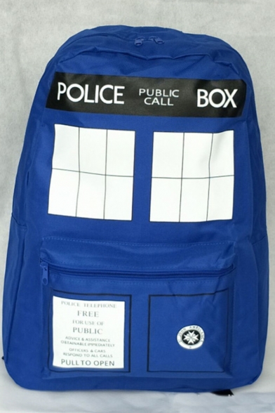Fashion Cosplay Letter POLICE PUBLIC CALL BOX Plaid Printed Blue Canvas School Bag Backpack 45*30*12 CM