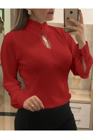 Fashion Plain Cutout Tied Stand Collar Long Sleeve Chiffon Blouse Top for Women
