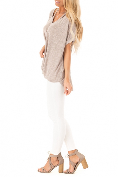 Fashion Simple Plain Cutout Short Sleeve V-Neck Twist Hem Loose Fit T-Shirt