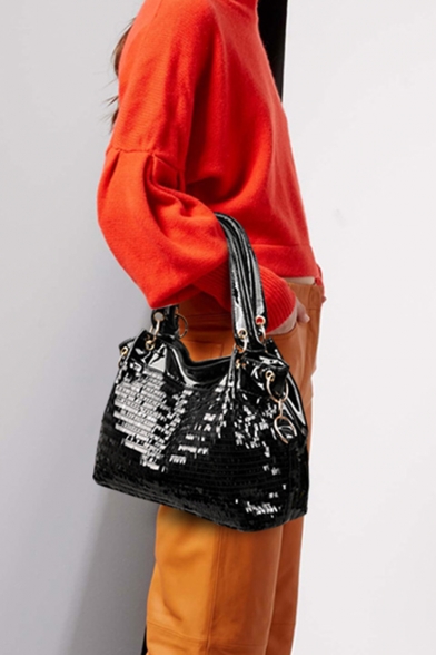 Fashion Solid Color Black Sequin Shoulder Tote Bag Handbag 36*13*28 CM