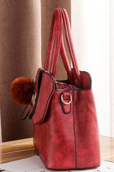 Fashion Solid Color Plush Ball Letter Ribbon Embellishment Satchel Shoulder Handbag 26*12*19 CM