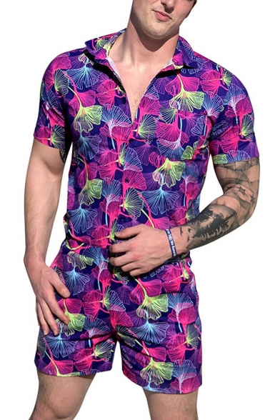 Fashion Summer Tropical Pineapple Plants Pattern Zipper Front Short Sleeve Beach Rompers Shorts