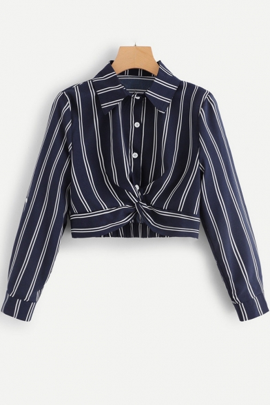 Fashion Vertical Striped Printed Twist Front Long Sleeve Cropped Shirt Blouse