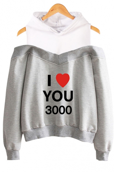 Father's Day Popular Heart Letter I LOVE YOU 3000 Cold Shoulder Long Sleeve Pullover Hoodie