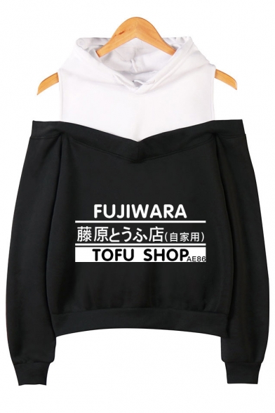 Fujiwara Tofu Shop Popular Letter Print Cold Shoulder Long Sleeve Casual Loose Hoodie